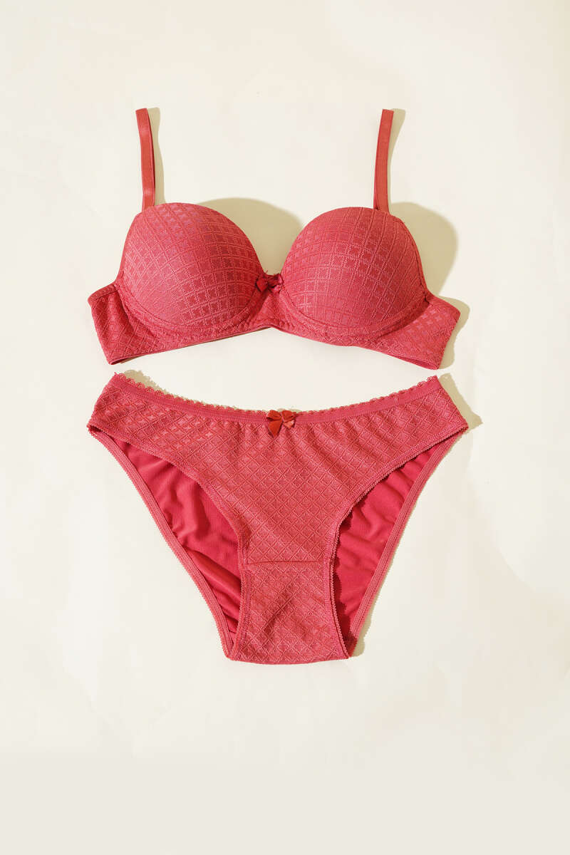 Patterned Jacquard Unpadded Bra Set - Pomegranate