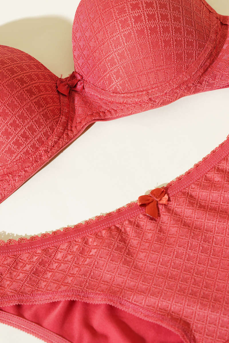 Patterned Jacquard Unpadded Bra Set - Pomegranate