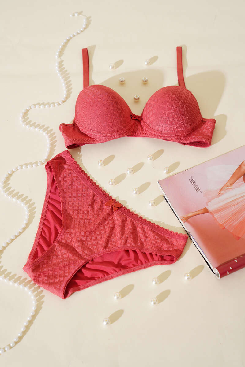 Patterned Jacquard Unpadded Bra Set - Pomegranate