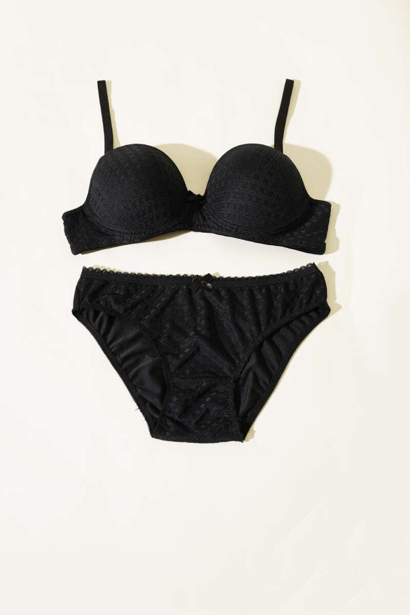 Patterned Jacquard Unpadded Bra Set - Black