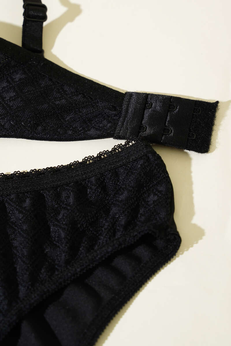 Patterned Jacquard Unpadded Bra Set - Black