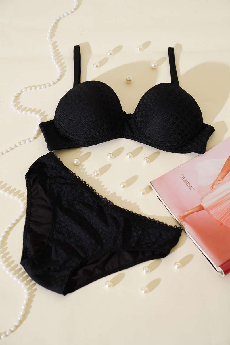 Patterned Jacquard Unpadded Bra Set - Black