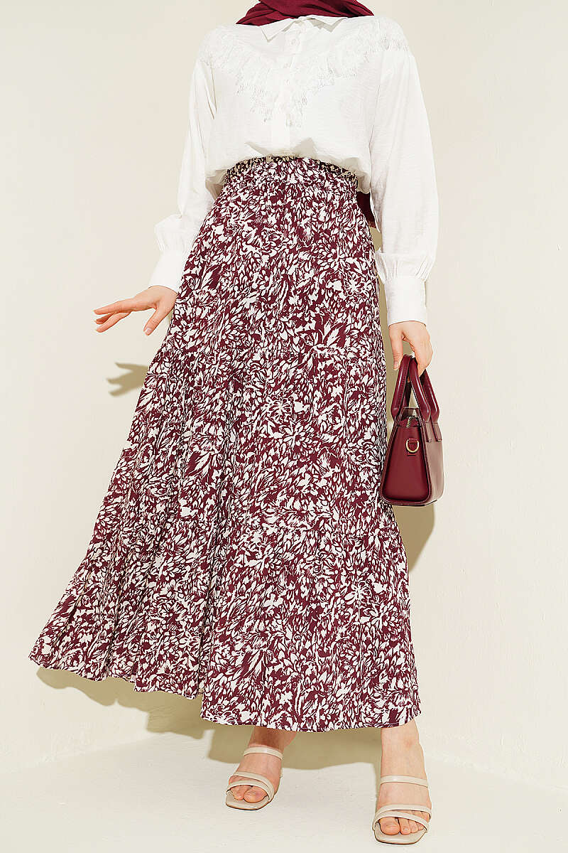 Tiered Patterned Viscose Skirt - Burgundy