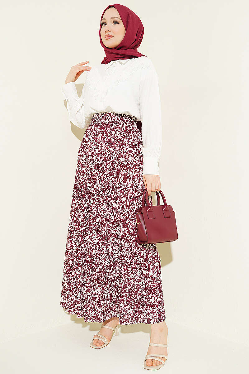 Tiered Patterned Viscose Skirt - Burgundy