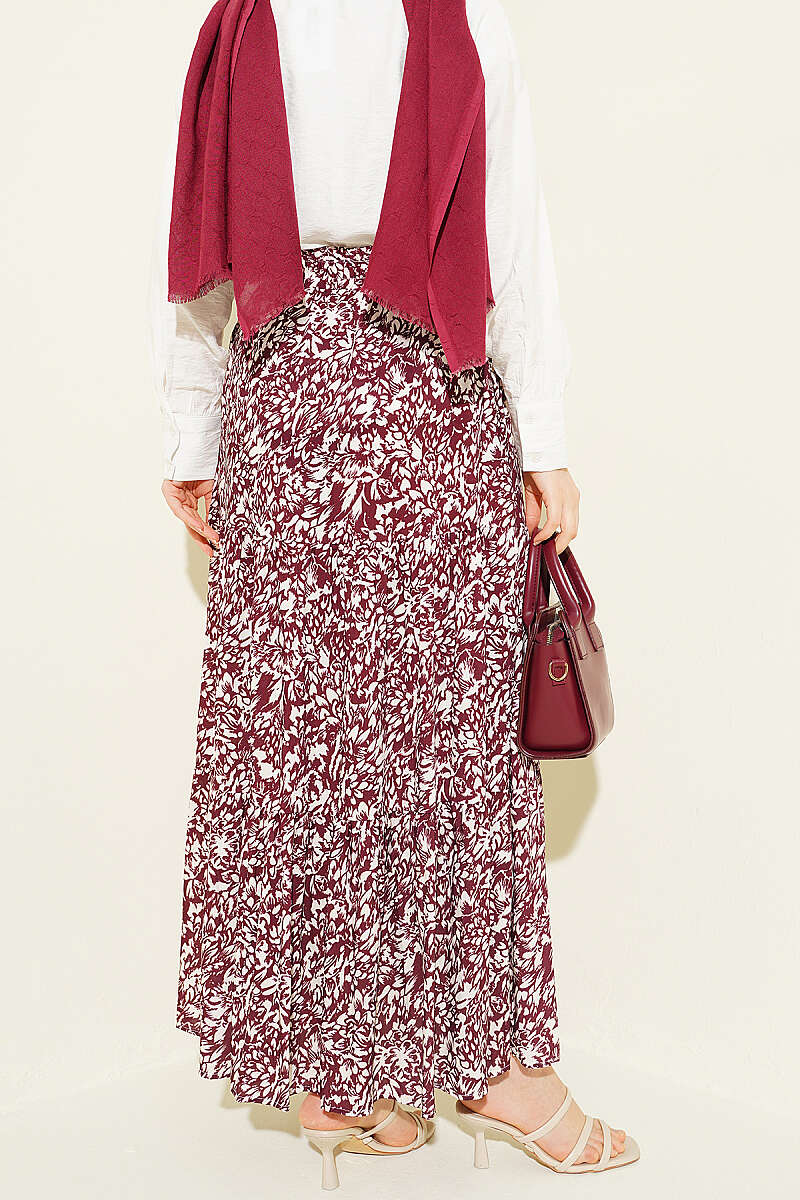 Tiered Patterned Viscose Skirt - Burgundy