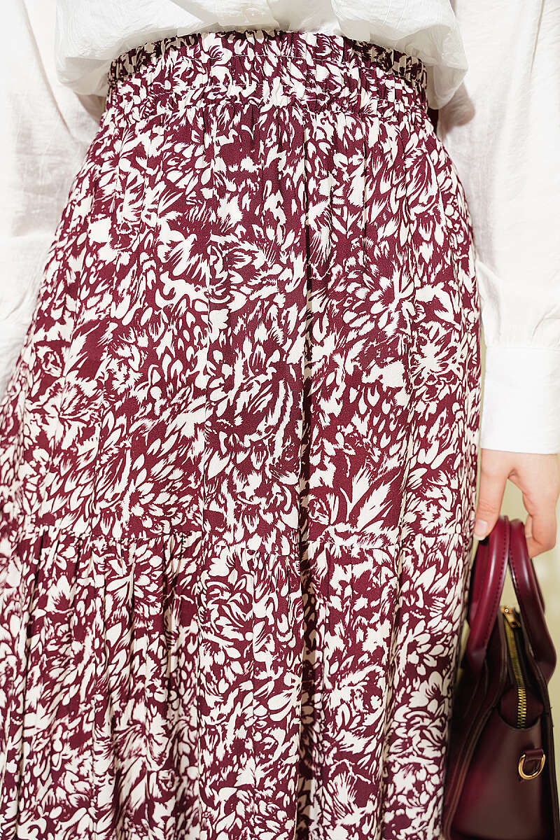 Tiered Patterned Viscose Skirt - Burgundy