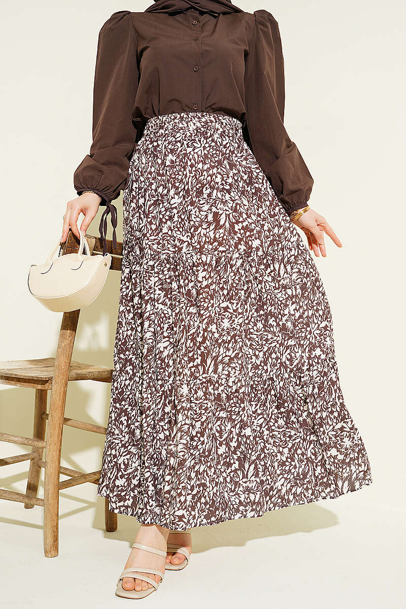 Tiered Patterned Viscose Skirt - Brown