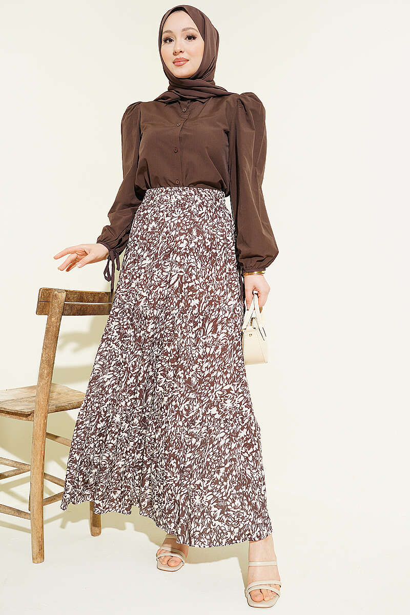 Tiered Patterned Viscose Skirt - Brown
