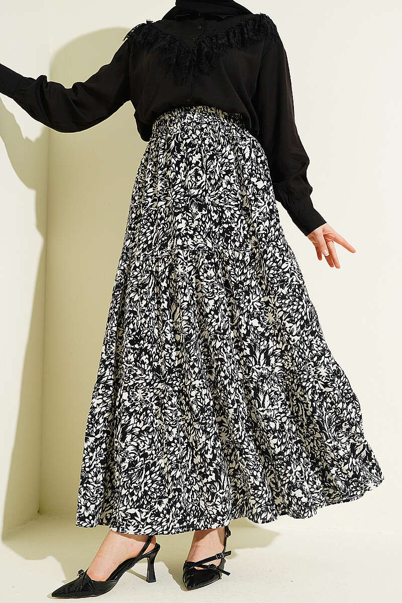 Tiered Patterned Viscose Skirt - Black