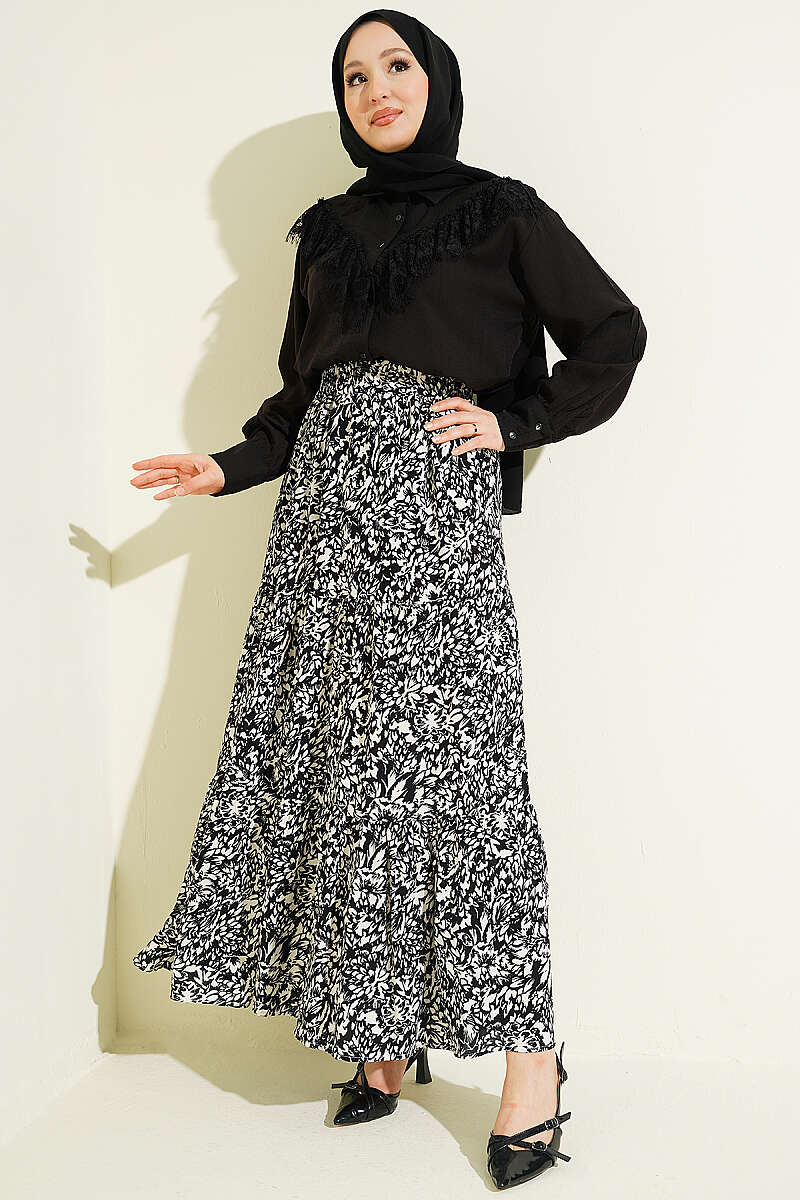Tiered Patterned Viscose Skirt - Black