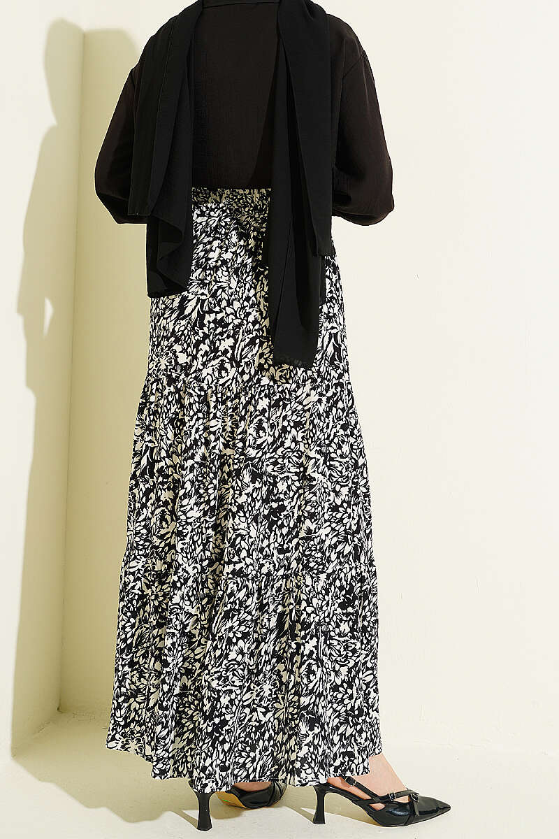 Tiered Patterned Viscose Skirt - Black