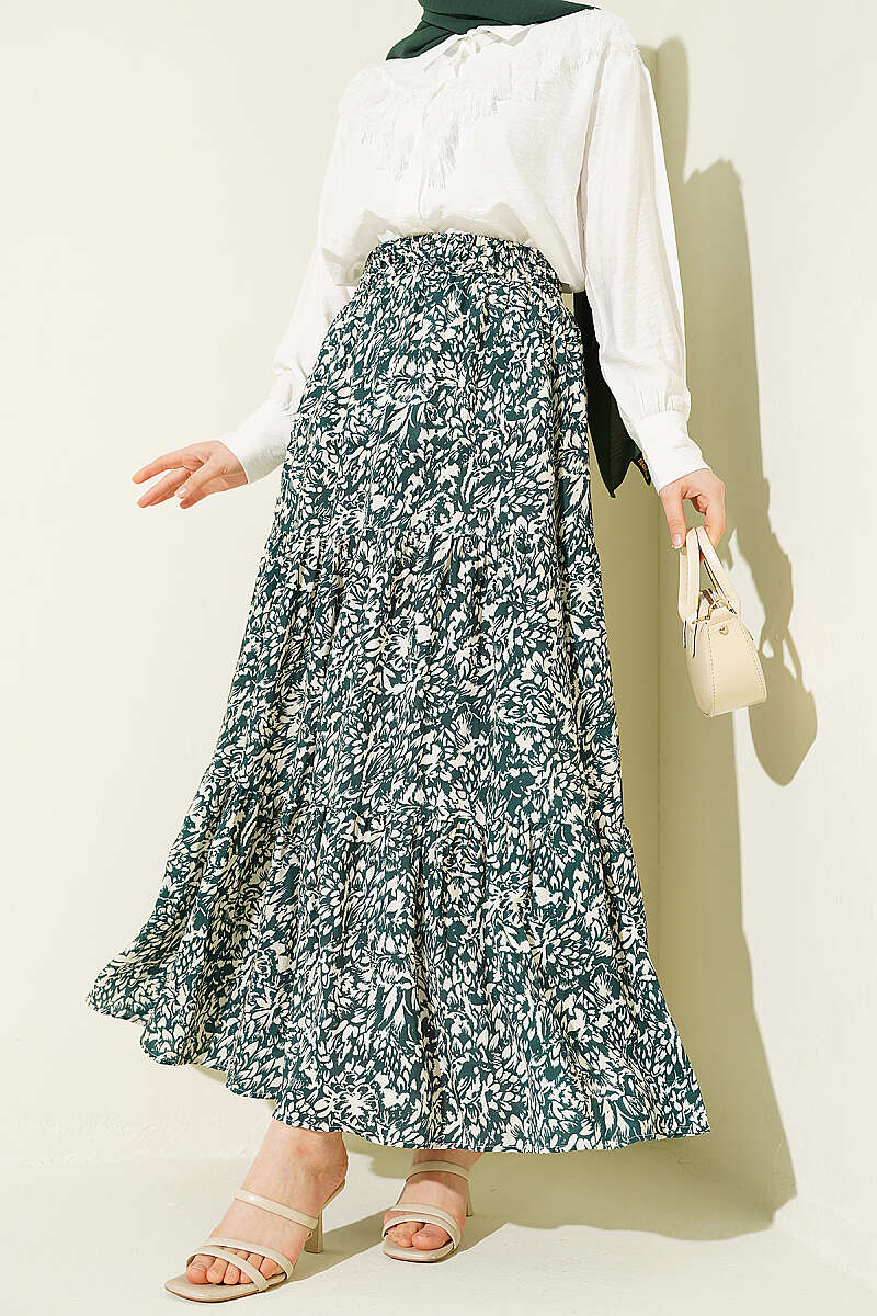Tiered Patterned Viscose Skirt - Green