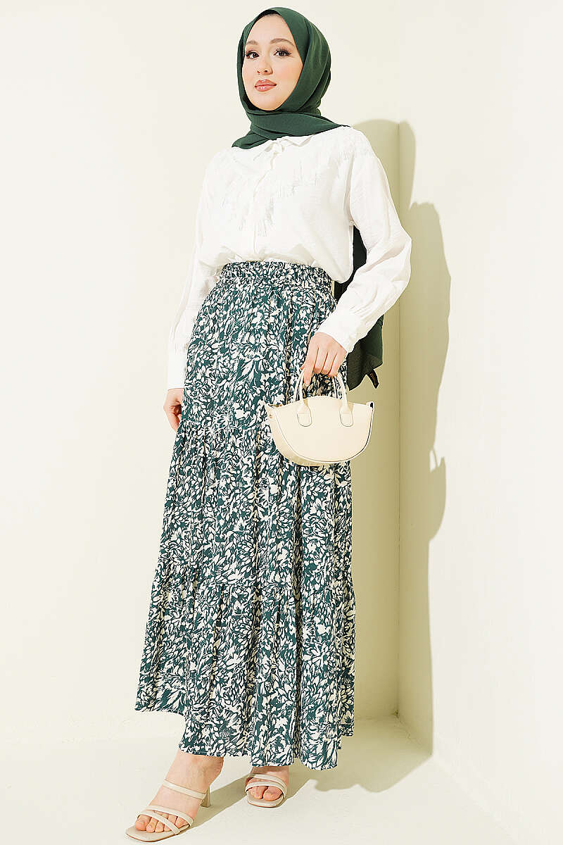 Tiered Patterned Viscose Skirt - Green
