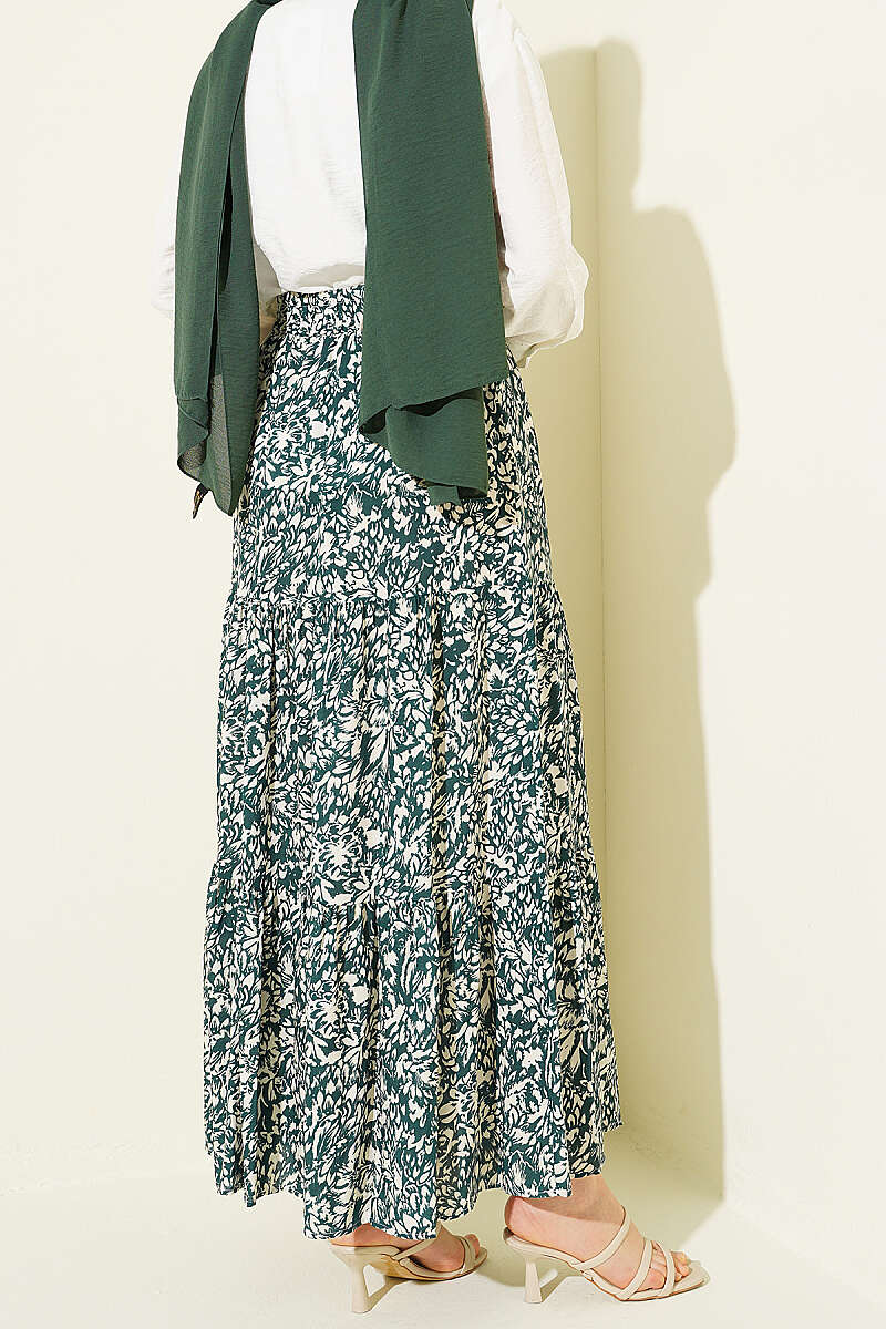 Tiered Patterned Viscose Skirt - Green