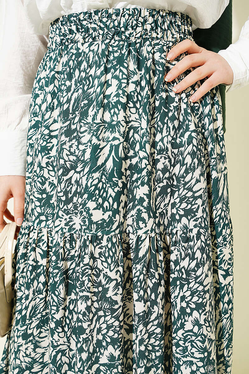 Tiered Patterned Viscose Skirt - Green