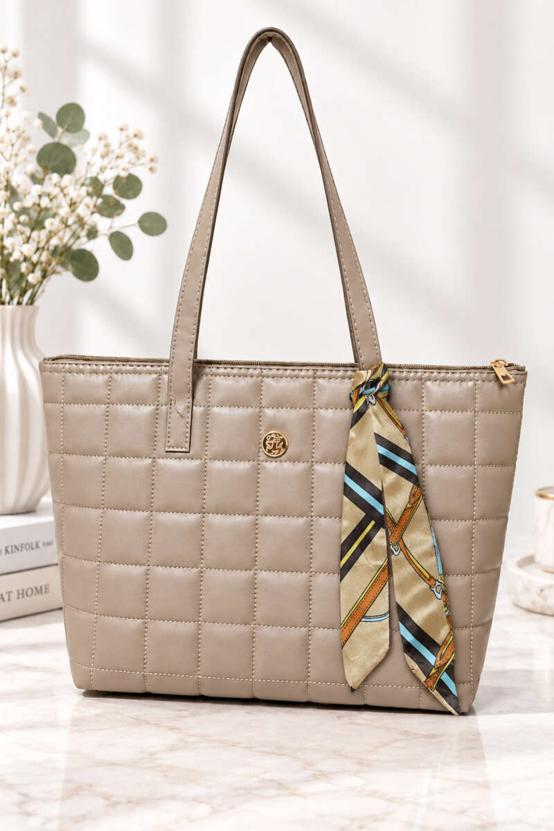 Printed Quilted Handbag with Ribbon - Beige
