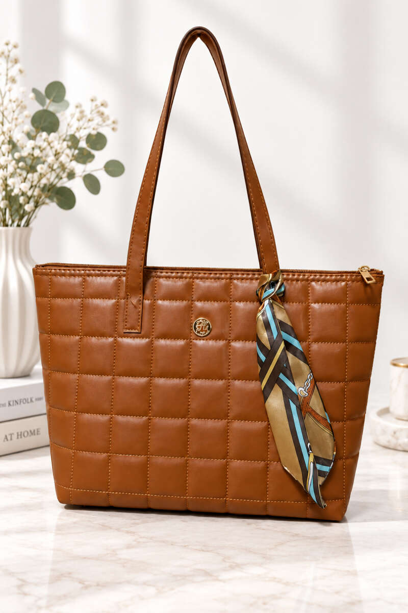 Printed Quilted Handbag with Ribbon - Tan