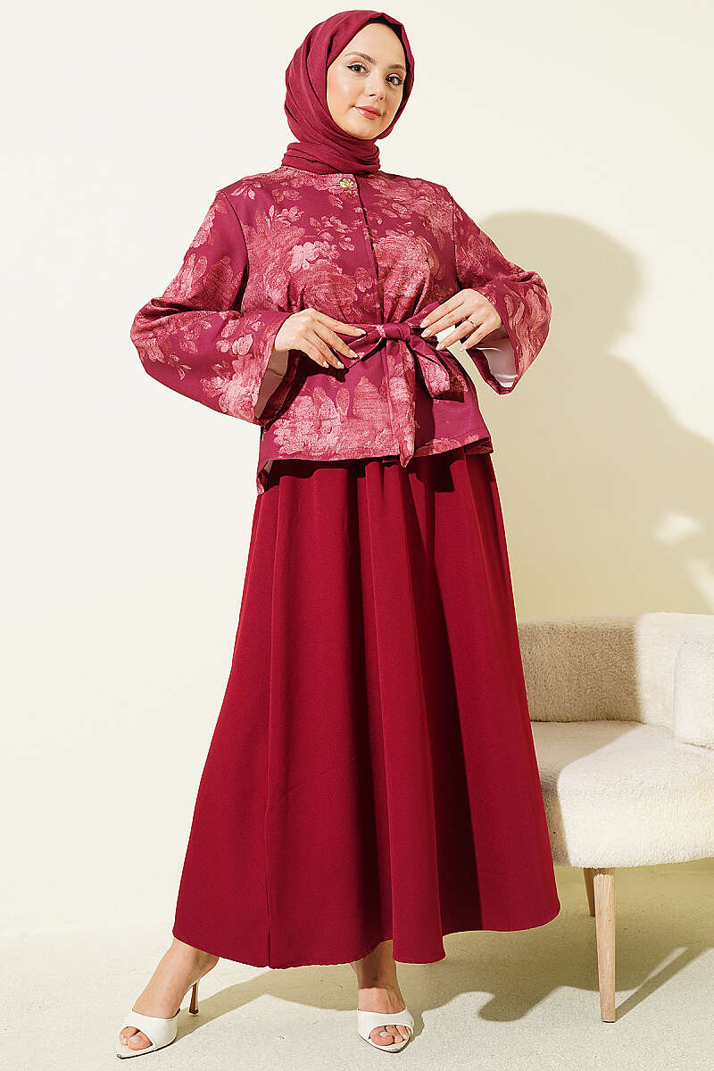 Printed Double-Knit Skirt Set with Tie Belt - Burgundy