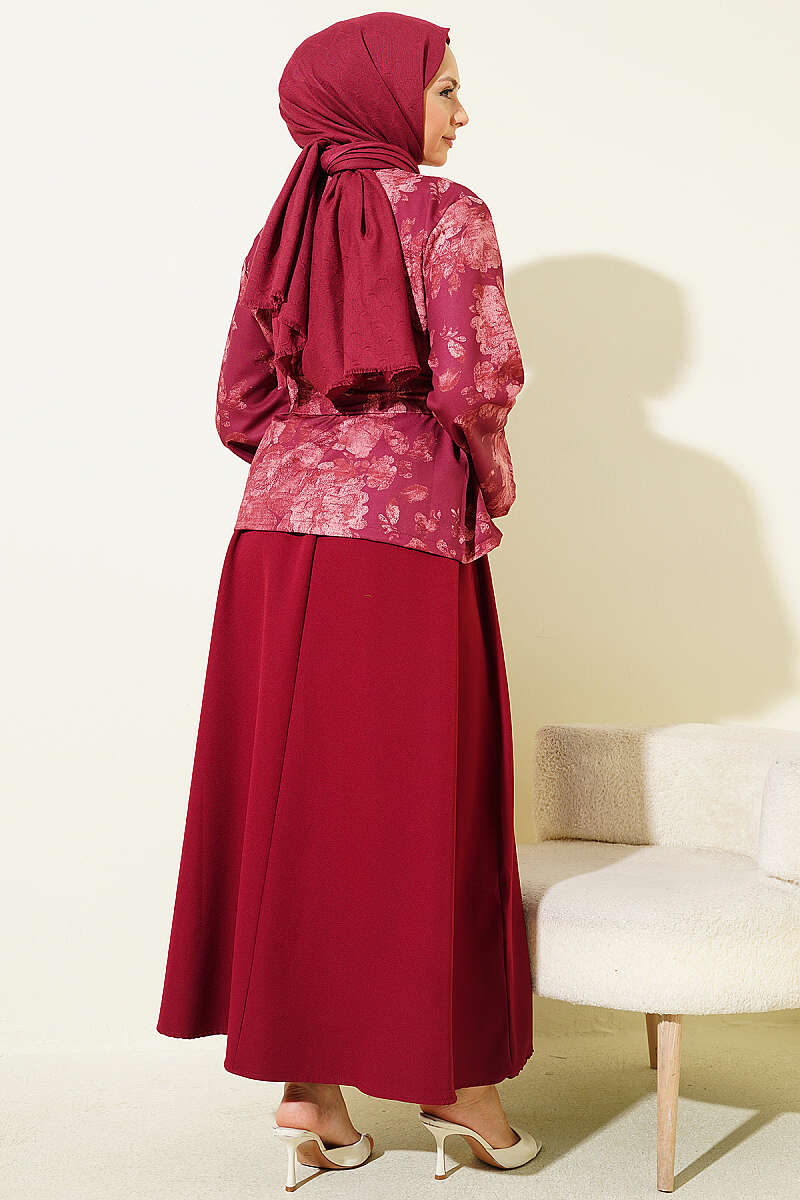 Printed Double-Knit Skirt Set with Tie Belt - Burgundy