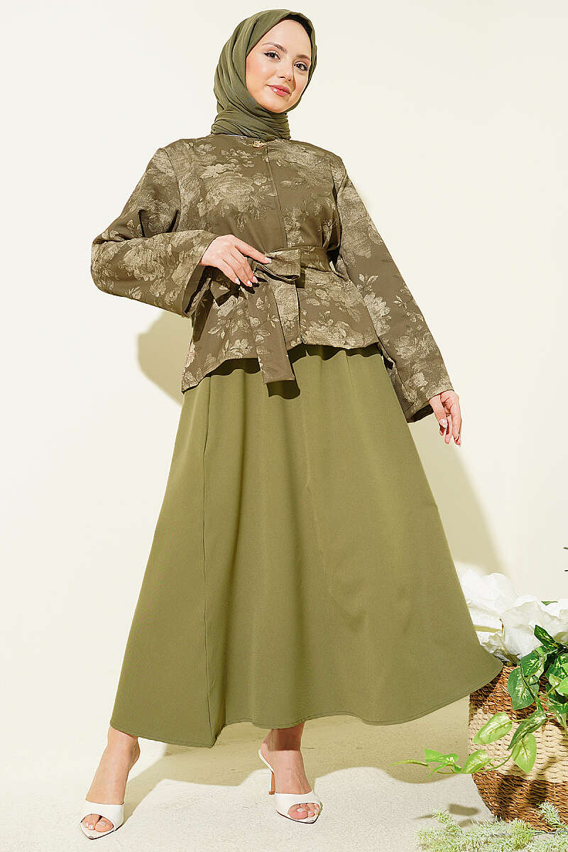 Printed Double-Knit Skirt Set with Tie Belt - Khaki