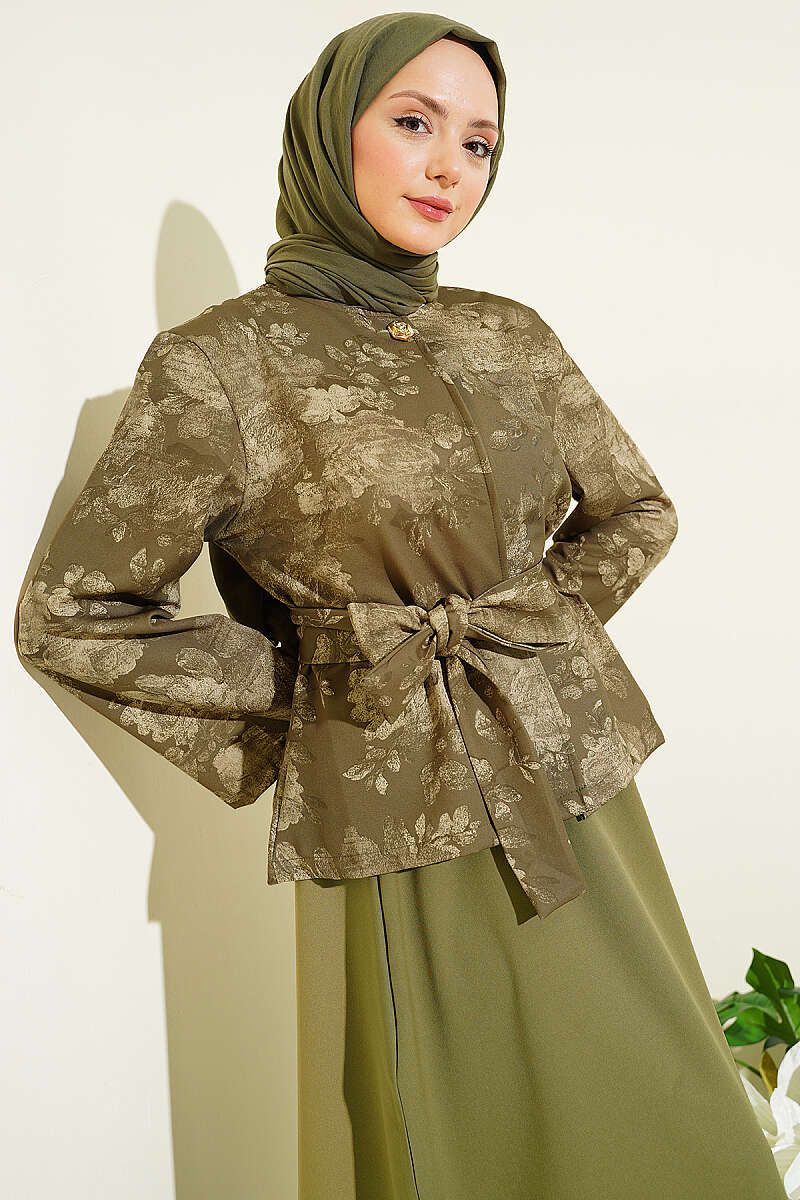 Printed Double-Knit Skirt Set with Tie Belt - Khaki
