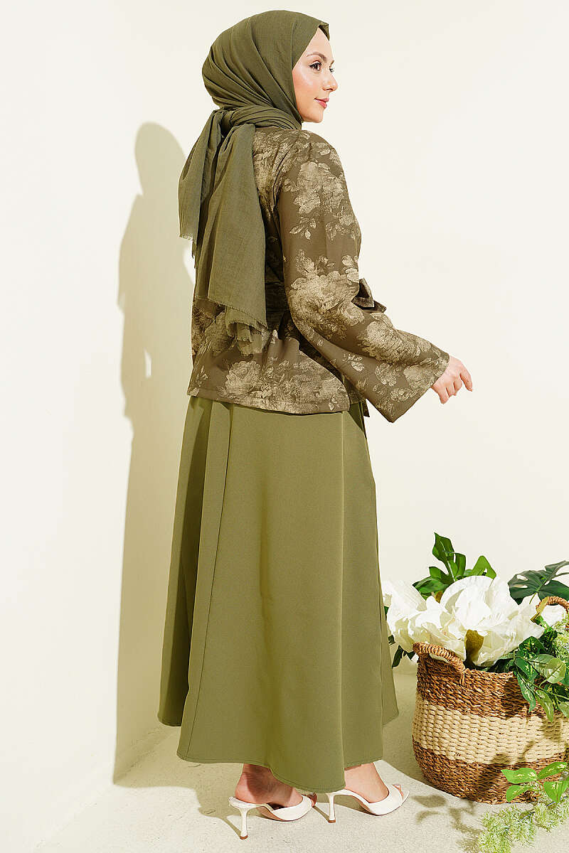 Printed Double-Knit Skirt Set with Tie Belt - Khaki