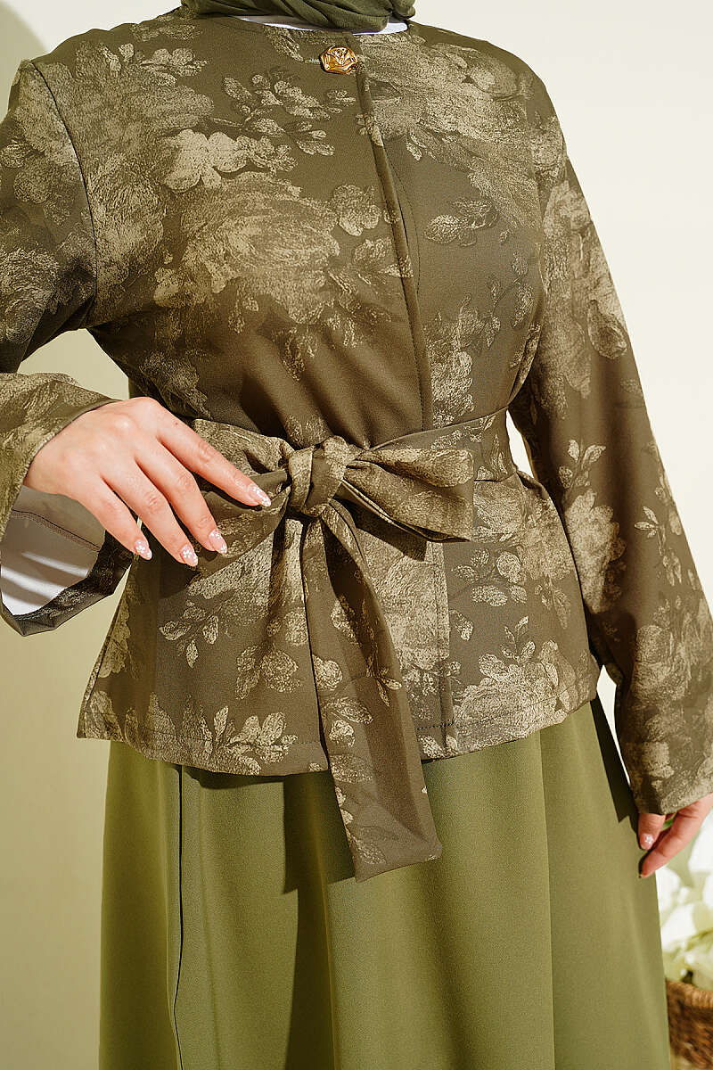 Printed Double-Knit Skirt Set with Tie Belt - Khaki