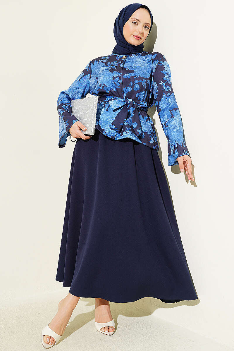 Printed Double-Knit Skirt Set with Tie Belt - Navy