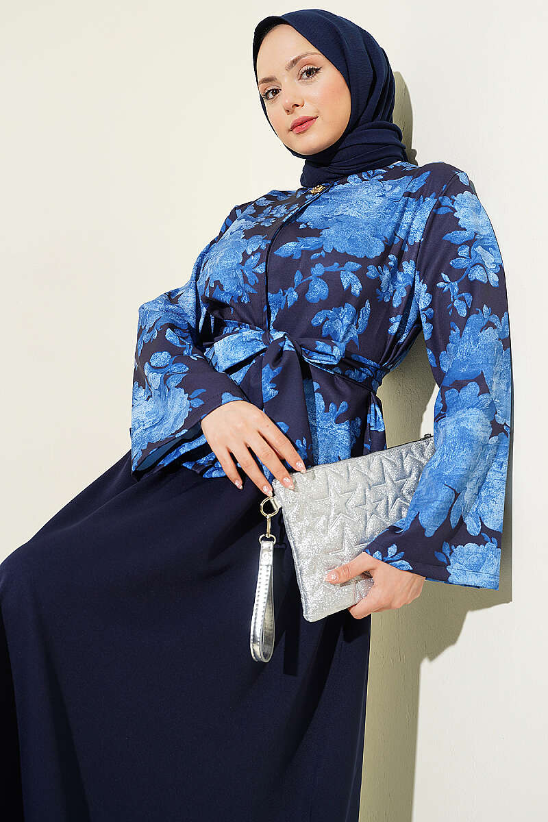 Printed Double-Knit Skirt Set with Tie Belt - Navy