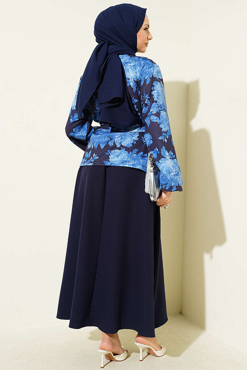 Printed Double-Knit Skirt Set with Tie Belt - Navy