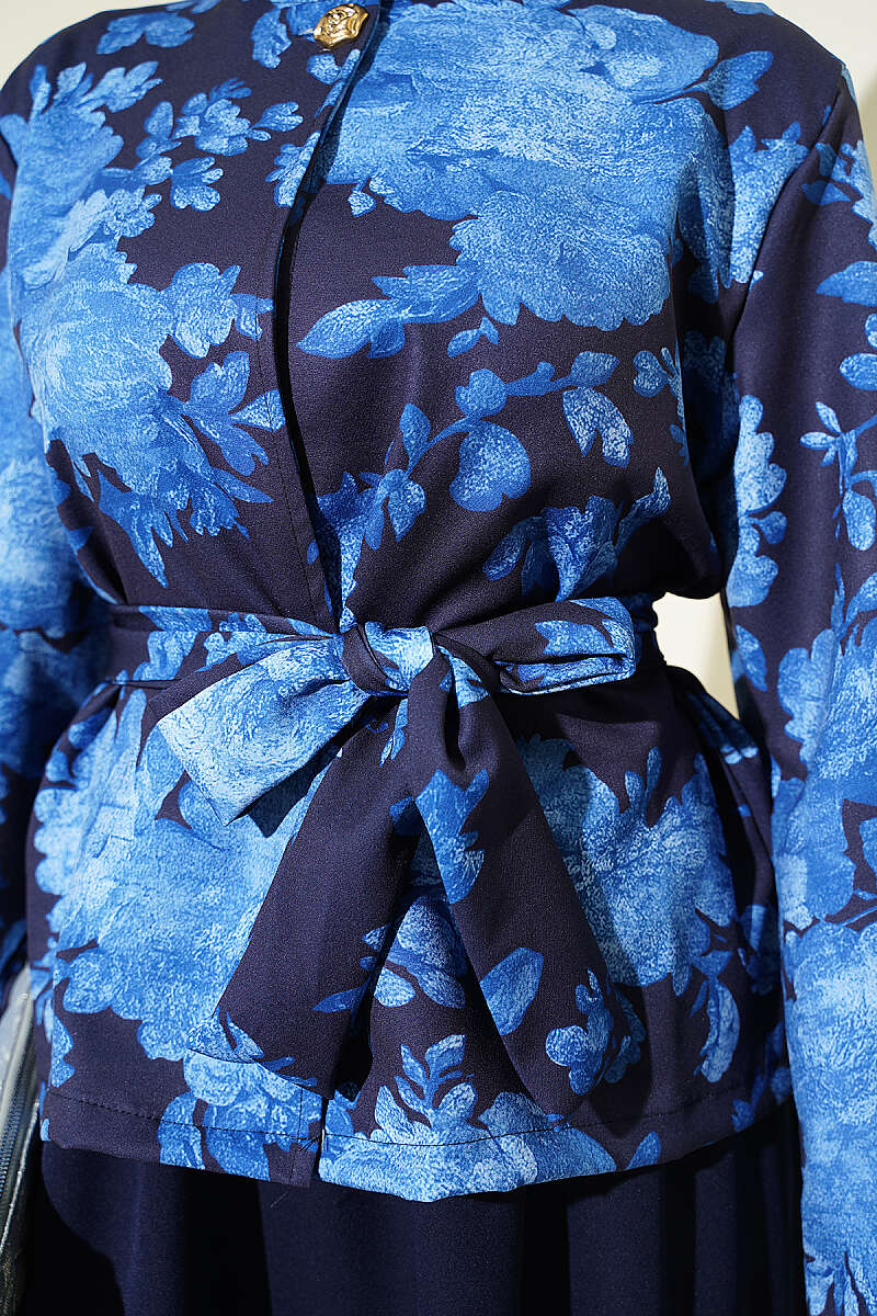 Printed Double-Knit Skirt Set with Tie Belt - Navy