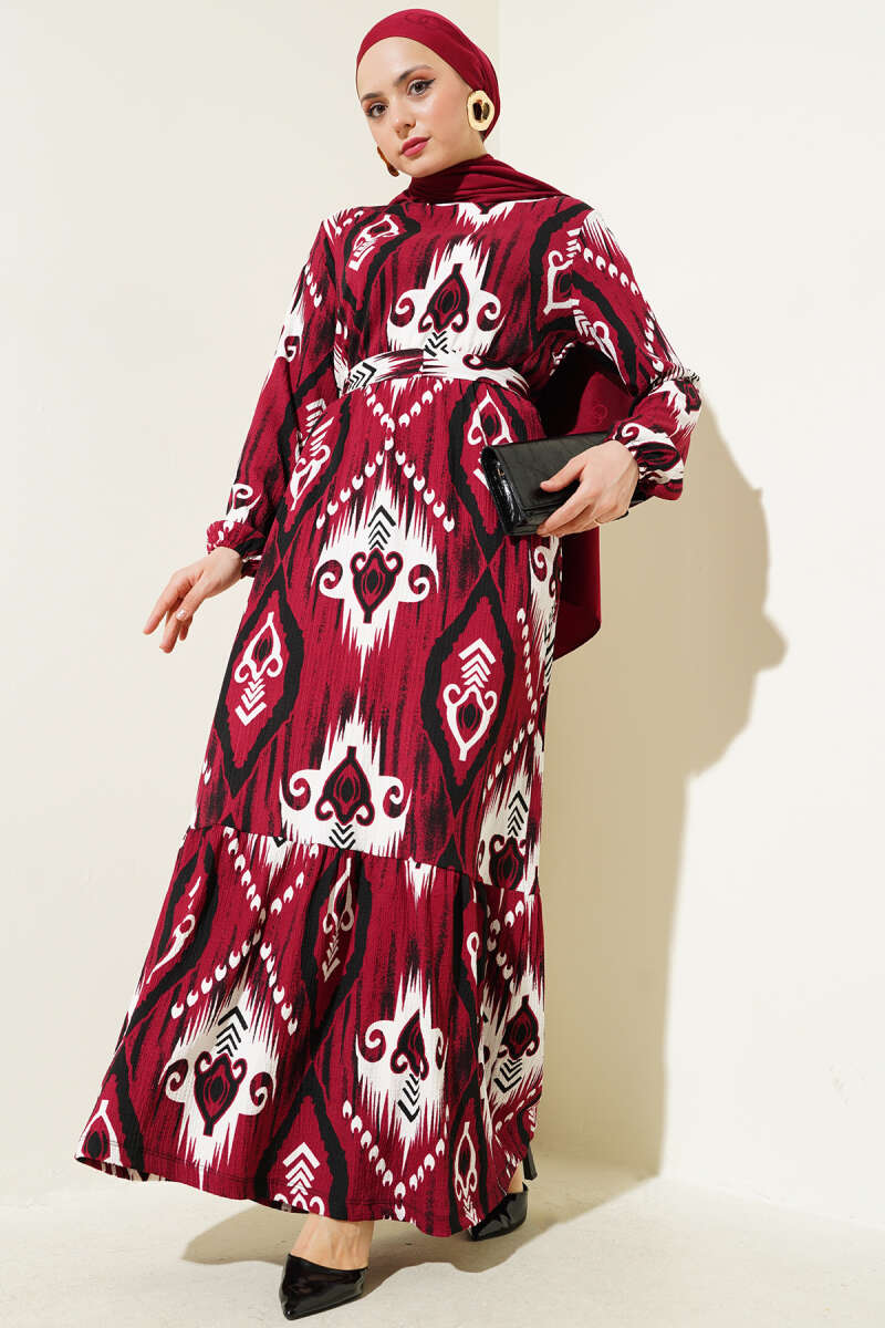 Belted Printed Flounce Dress - Burgundy