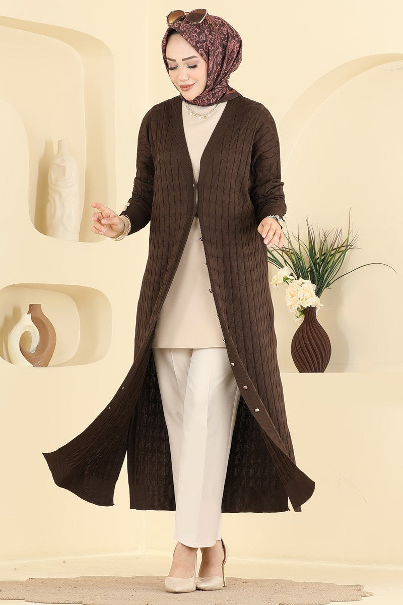 Long Patterned Mercerised Cardigan - Brown