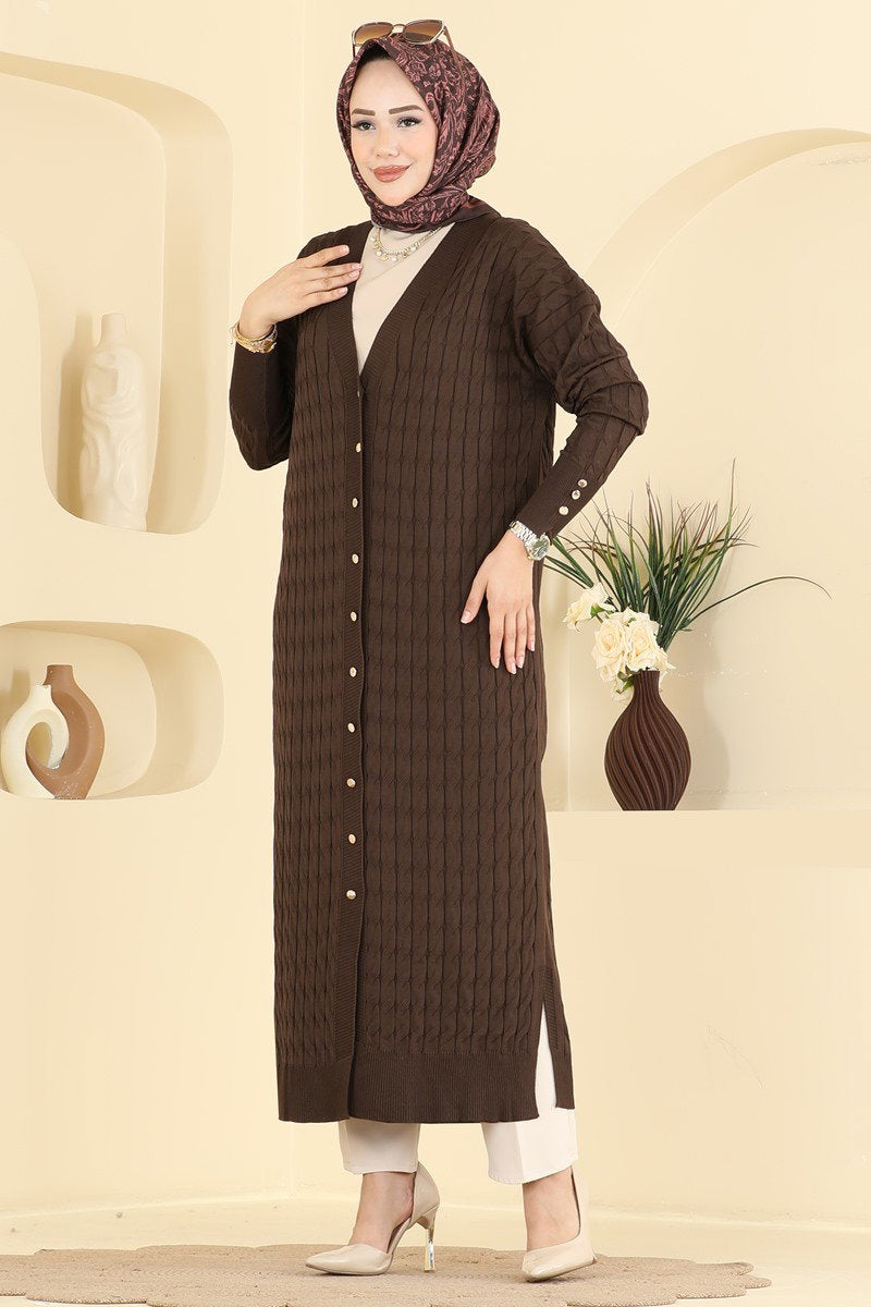 Long Patterned Mercerised Cardigan - Brown