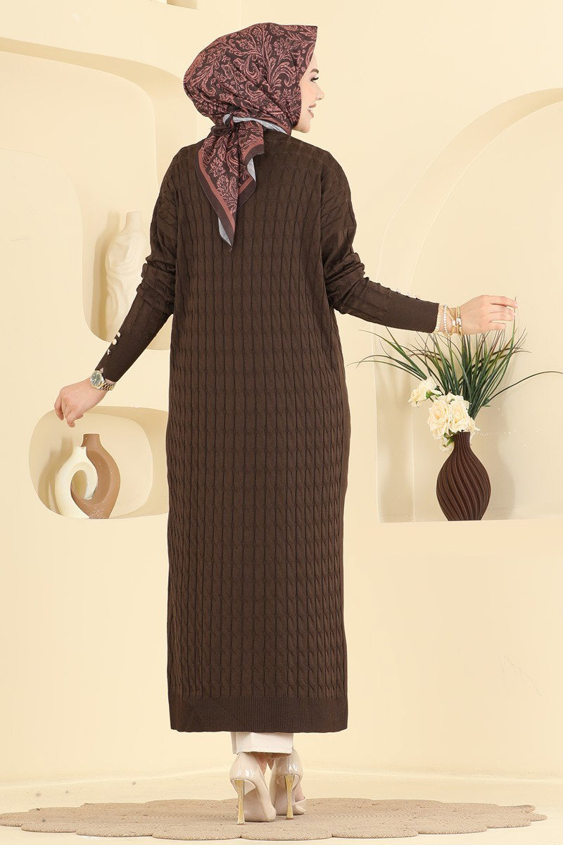 Long Patterned Mercerised Cardigan - Brown