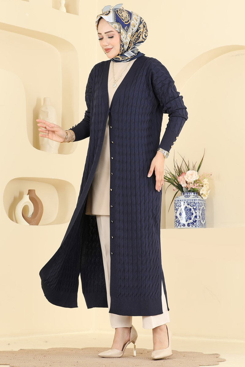 Long Patterned Mercerised Cardigan - Navy