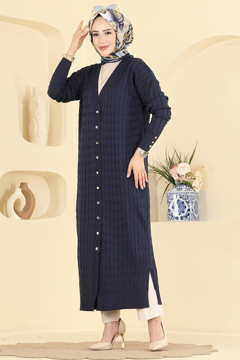 Long Patterned Mercerised Cardigan - Navy