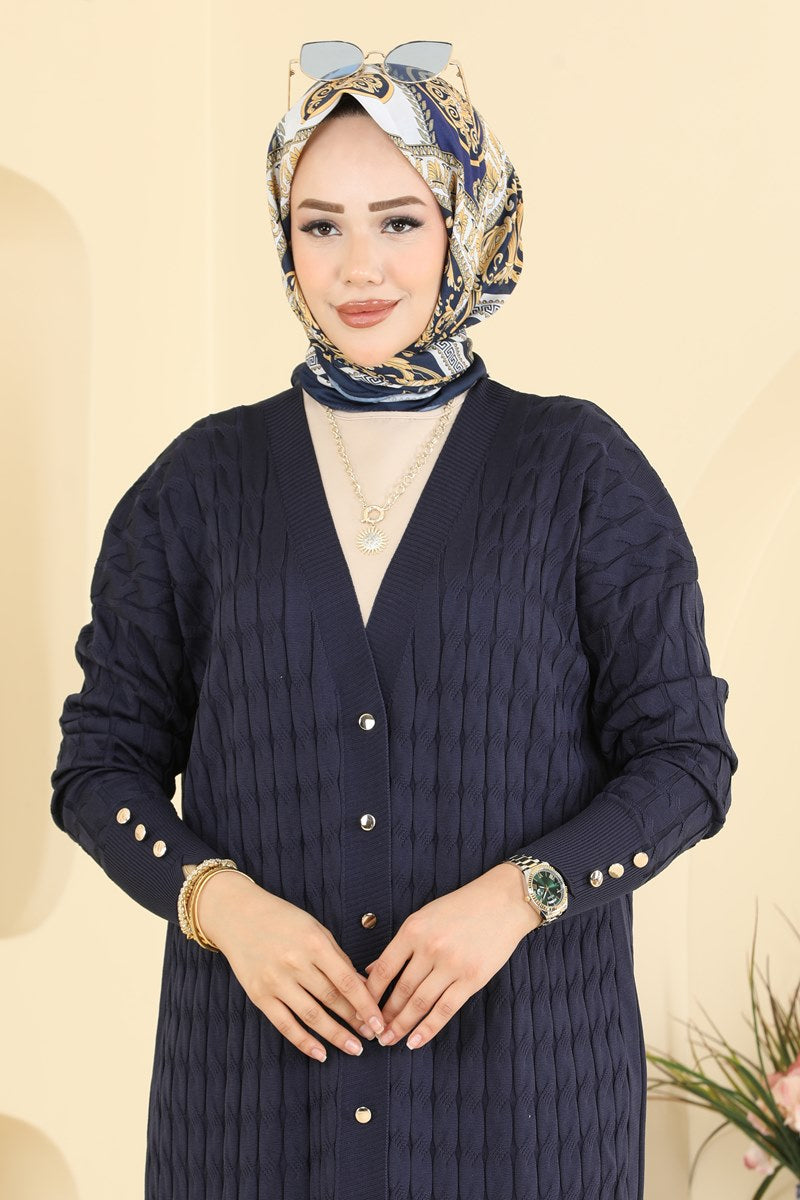 Long Patterned Mercerised Cardigan - Navy