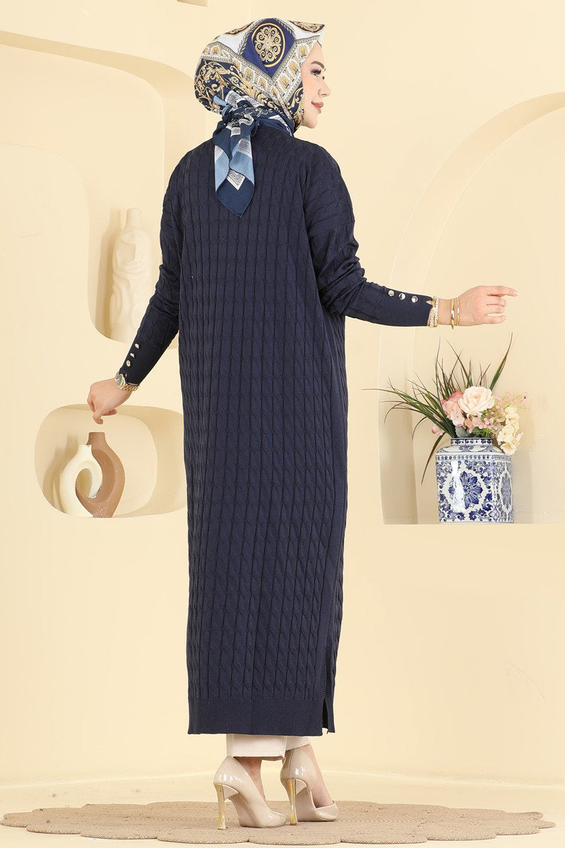 Long Patterned Mercerised Cardigan - Navy