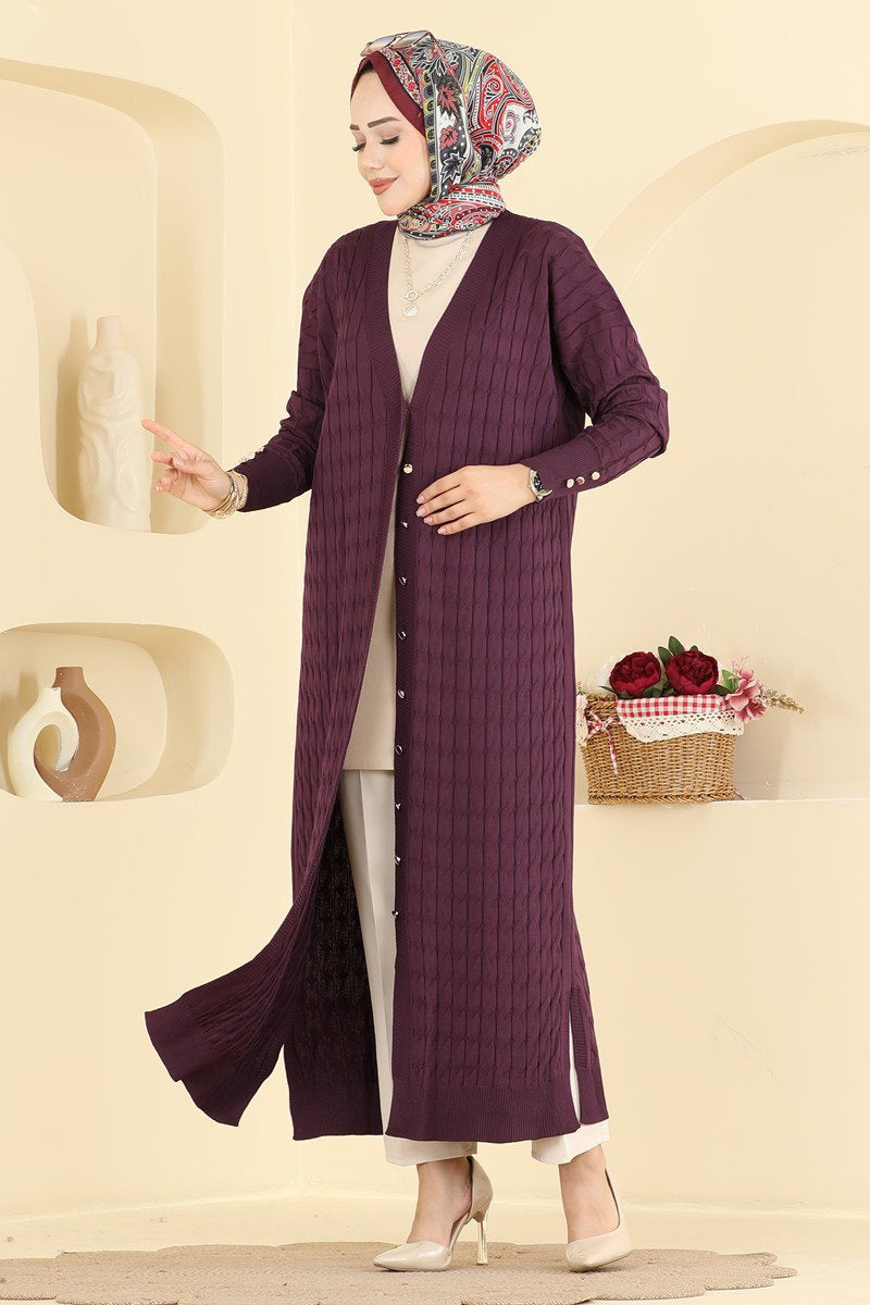 Long Patterned Mercerised Cardigan - Plum