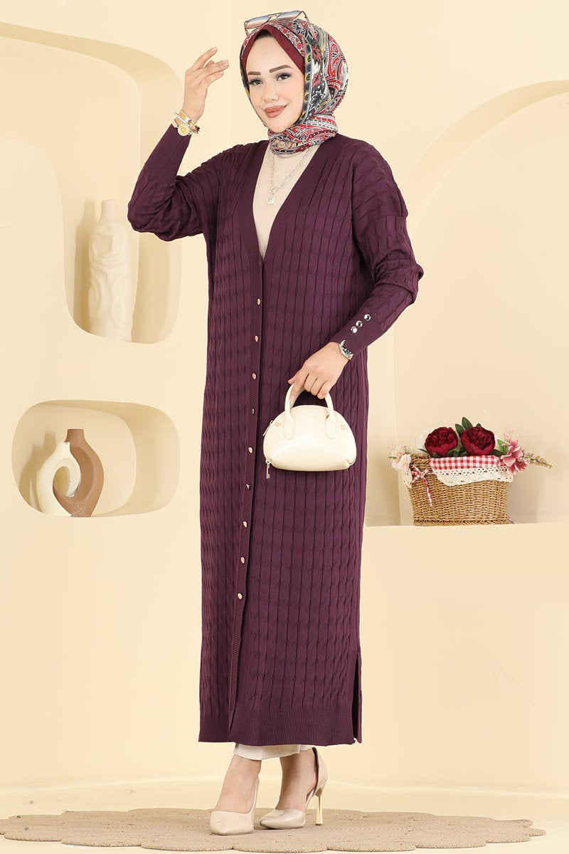 Long Patterned Mercerised Cardigan - Plum