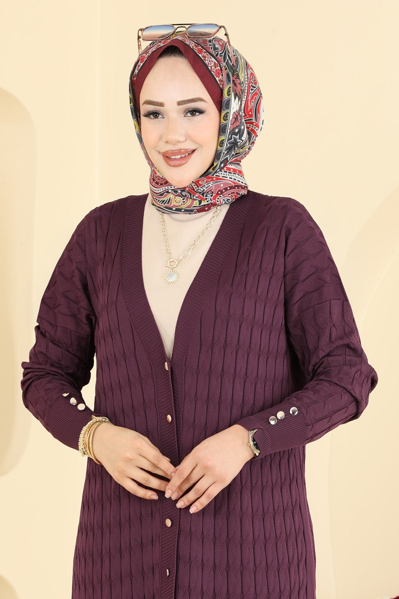 Long Patterned Mercerised Cardigan - Plum