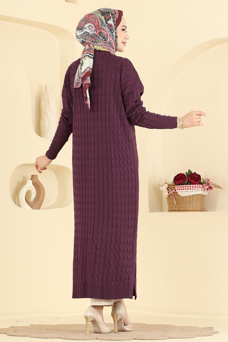 Long Patterned Mercerised Cardigan - Plum