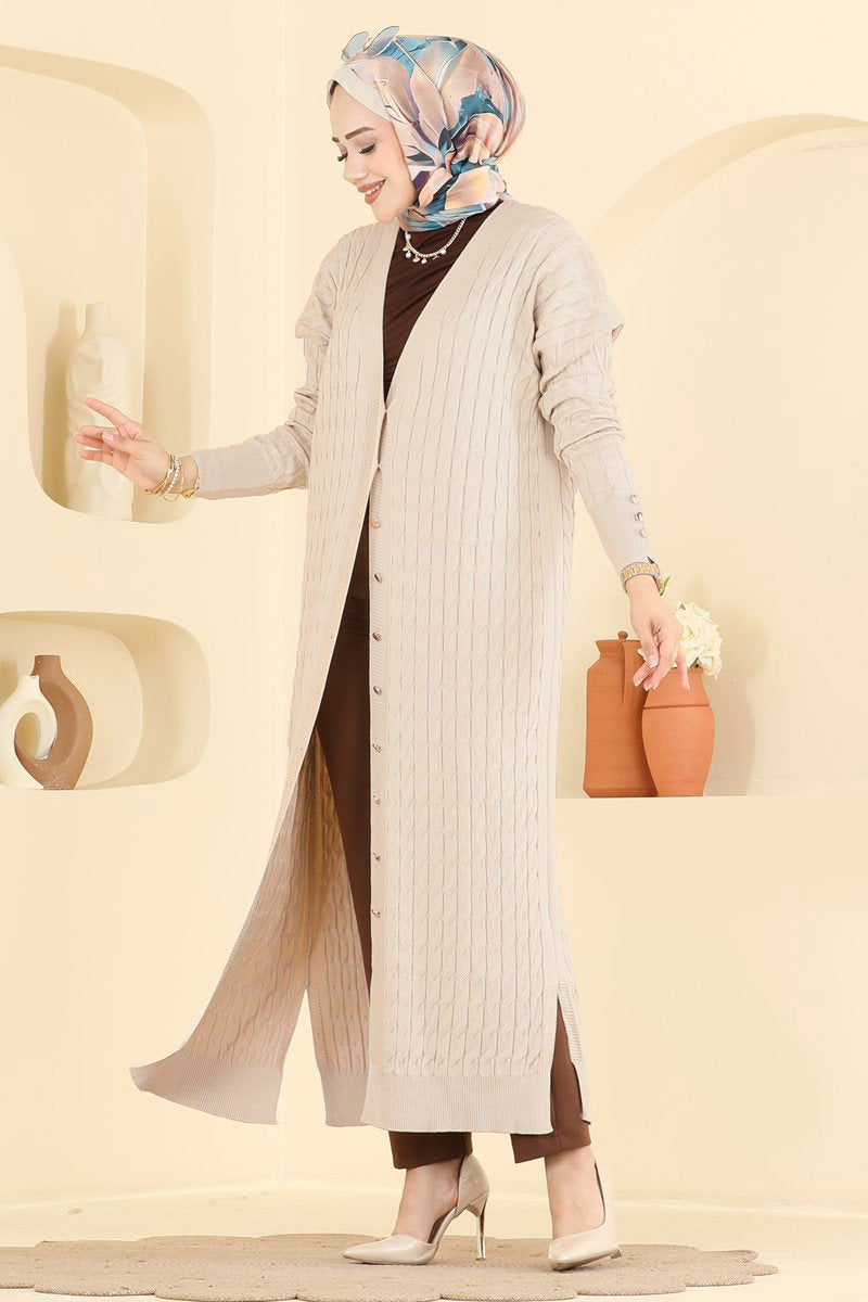 Long Patterned Mercerised Cardigan - Stone