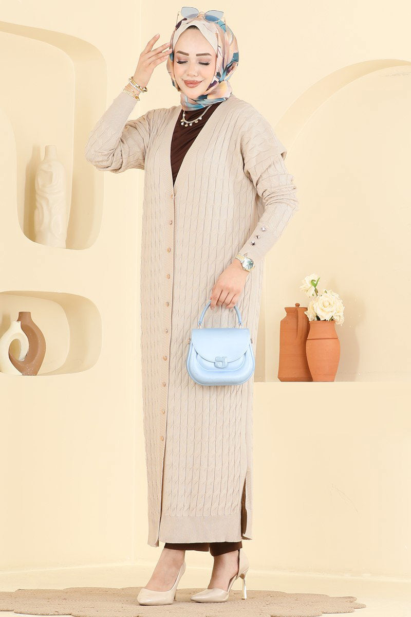 Long Patterned Mercerised Cardigan - Stone