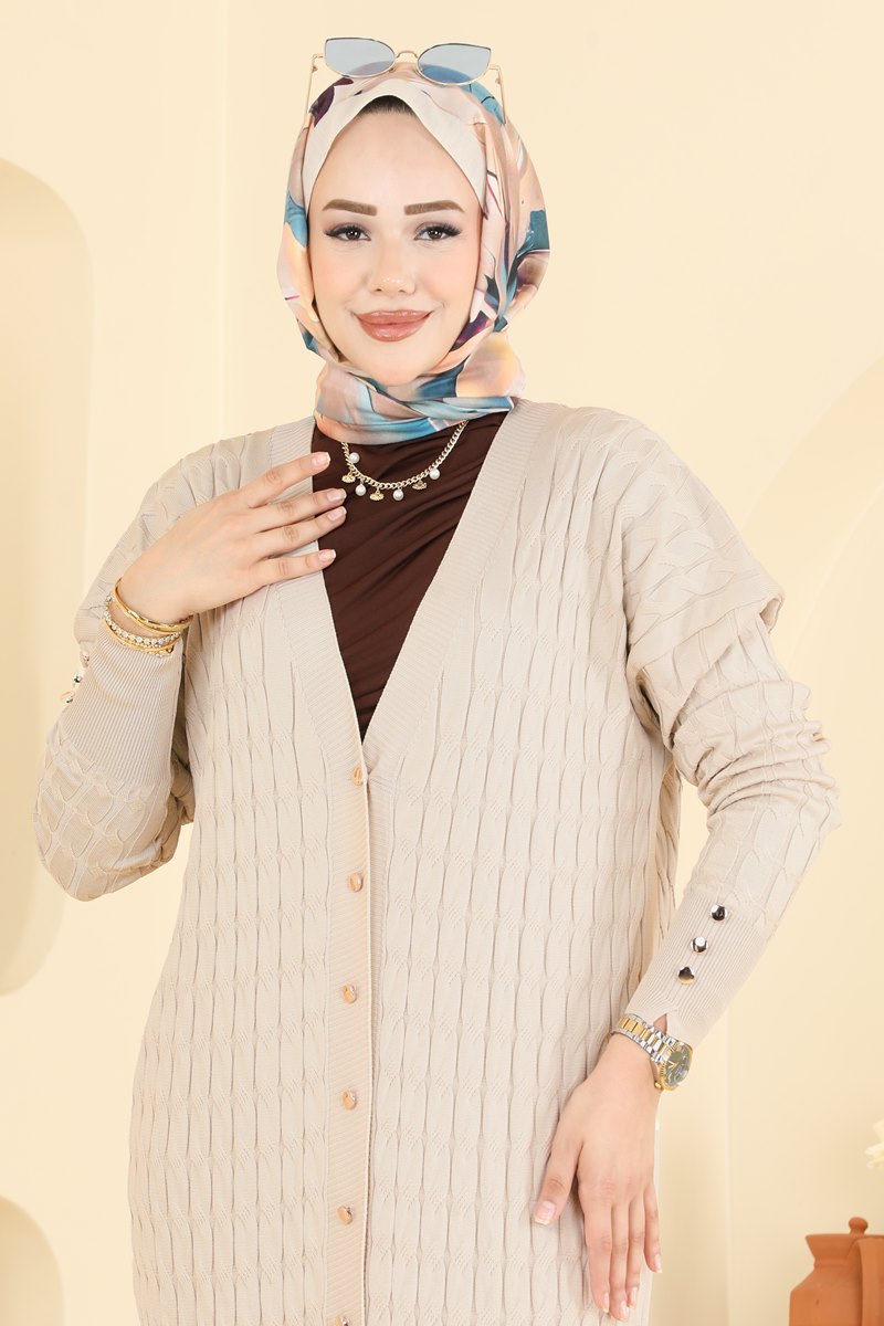 Long Patterned Mercerised Cardigan - Stone