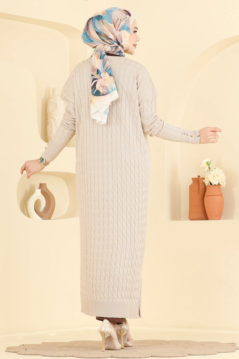 Long Patterned Mercerised Cardigan - Stone