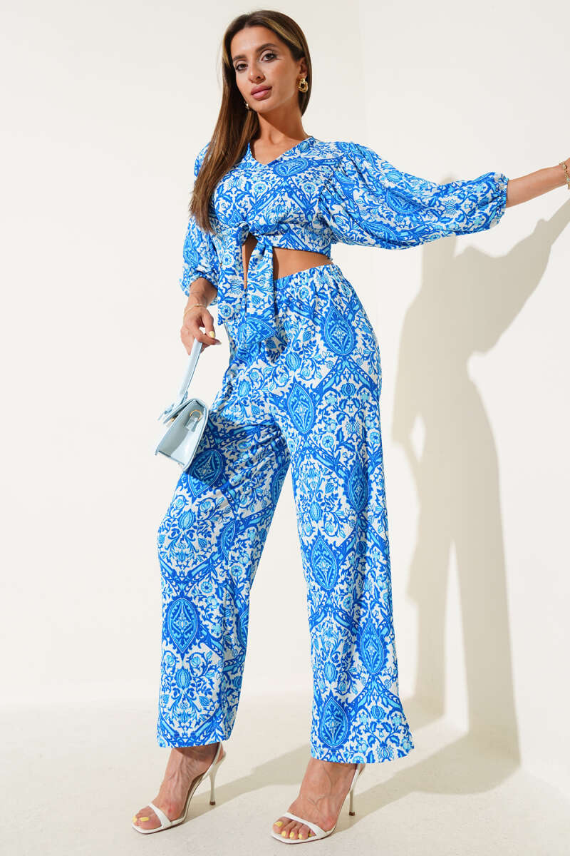 Printed Tie-Front Two-Piece Set - Blue