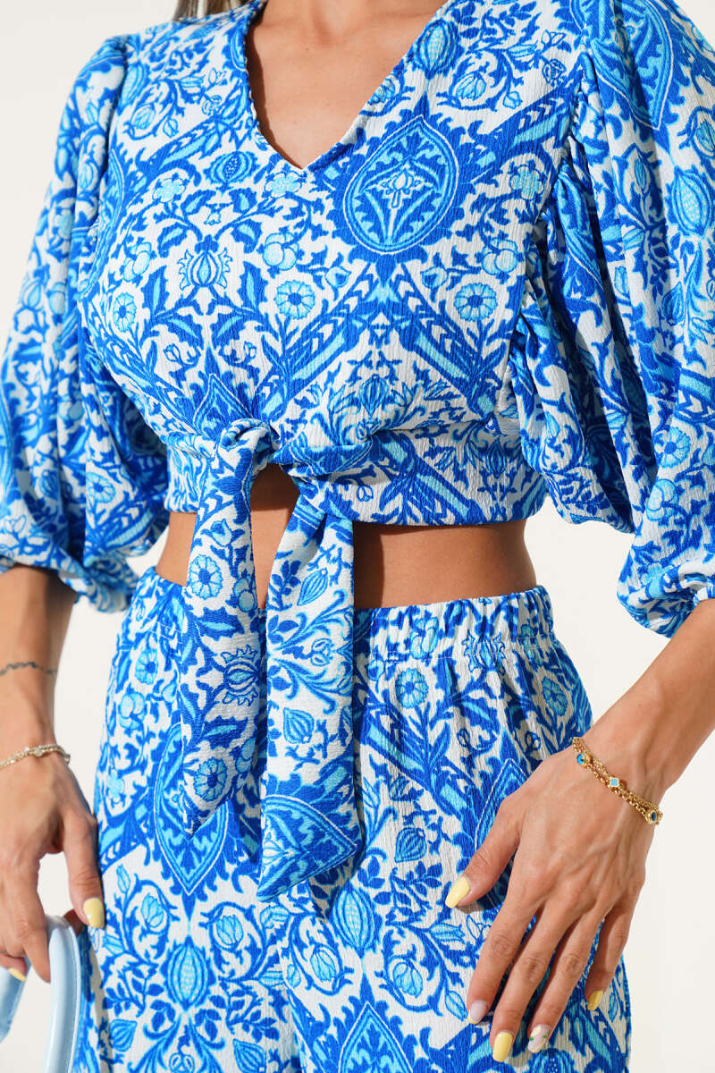 Printed Tie-Front Two-Piece Set - Blue