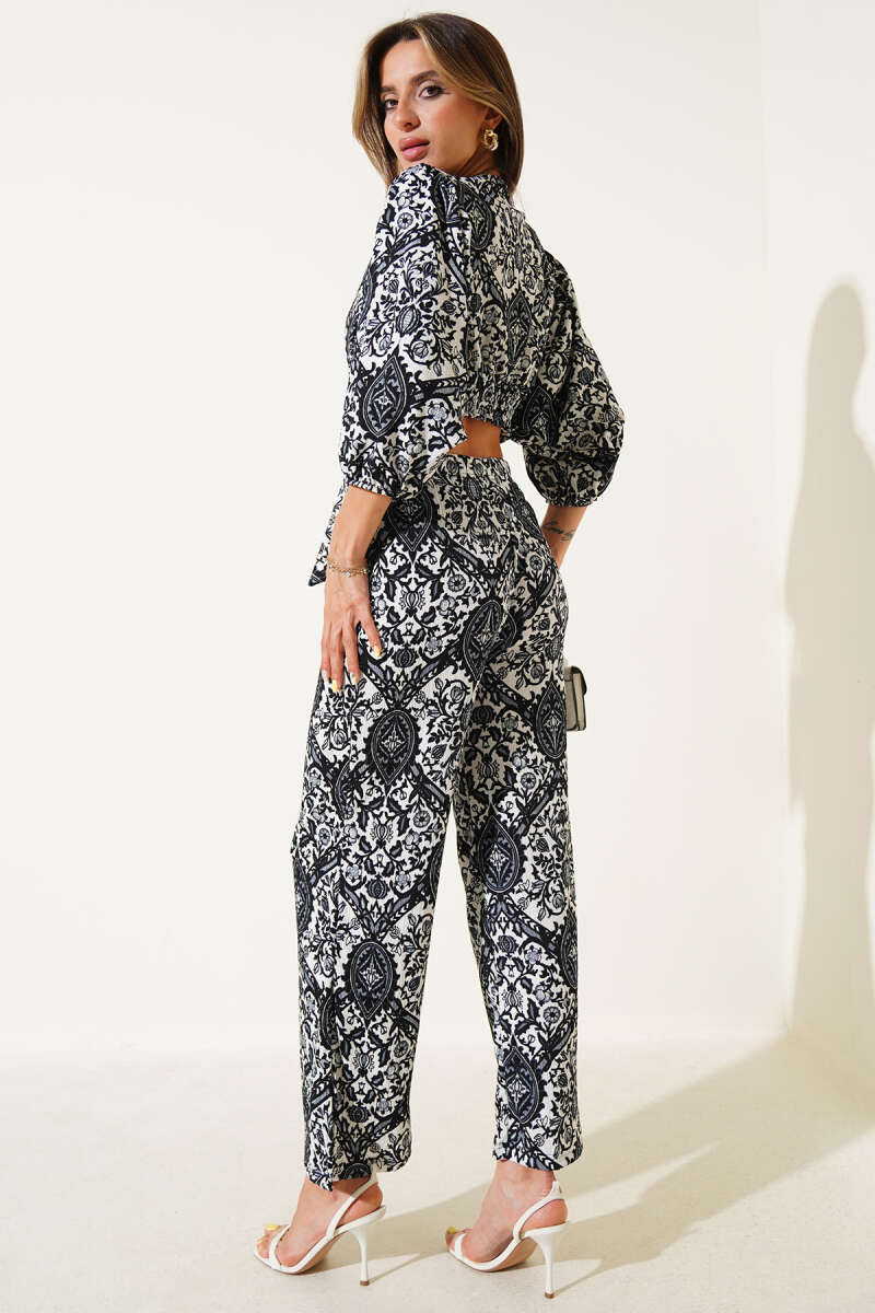 Printed Tie-Front Two-Piece Set - Black
